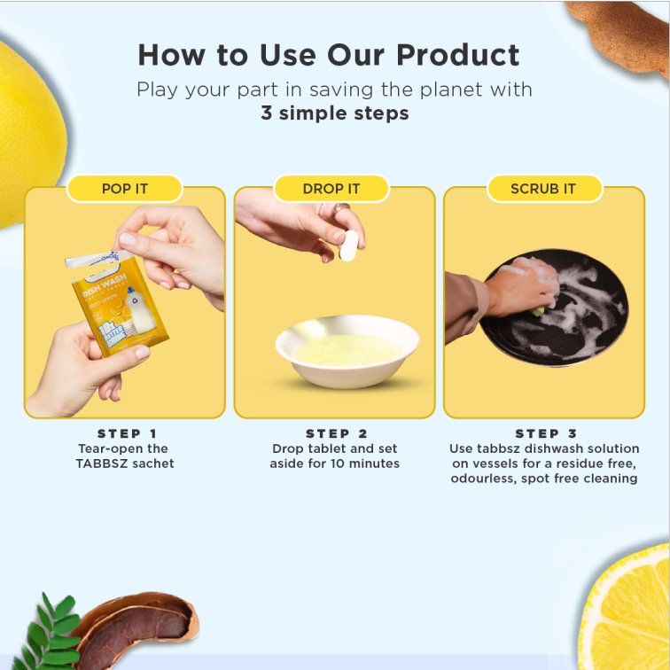 how to use dish wash tablets, TABBSZ dish wash tablets guide, pop drop scrub dishwashing, eco-friendly dish wash solution, zero waste dishwashing steps, TABBSZ dish wash usage instructions