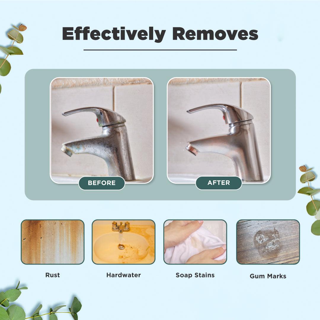 "Discover the versatility of Tabbsz Multi Surface Stain Remover, an eco-friendly and plastic-free product that functions as a stain remover, surface cleaner, tile cleaner, hard floor cleaner, and hard water stain remover for all your cleaning needs.Without damaging hands or causing harm to user. No fumes. rust removal, hard water stain remover, soap stain remover, gum mark remover 