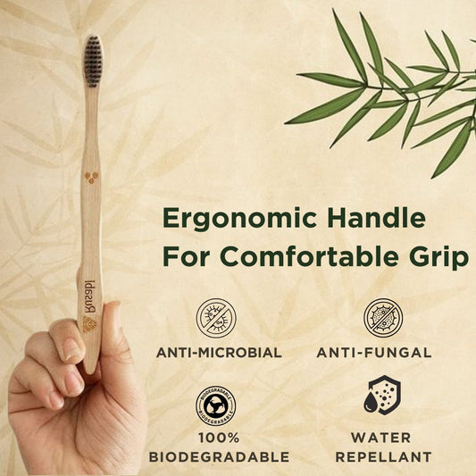 bamboo toothbrush ergonomic handle, eco-friendly bamboo toothbrush, anti-microbial toothbrush, anti-fungal toothbrush, biodegradable bamboo toothbrush, water repellent toothbrush, sustainable toothbrush, bamboo toothbrush benefits