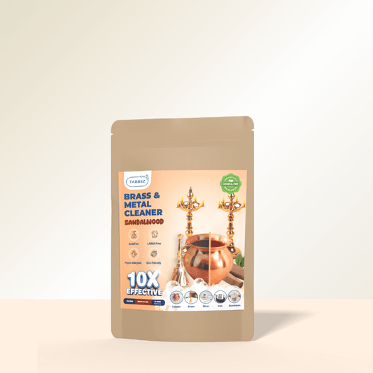 TABBSZ Brass & Metal Cleaner Sandalwood – eco-friendly, acid-free powder for brass, copper, silver, iron, and aluminium utensils & pooja items. Restores shine, removes tarnish, rust, and stains.