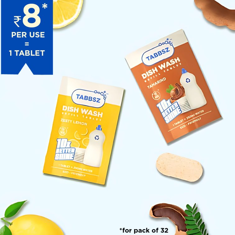 TABBSZ dish wash tablets, eco-friendly dishwashing tablets, lemon dish wash tablet, tamarind dish wash tablet, refillable dish wash solution, zero waste dish wash tablet, ₹8 per use dish wash