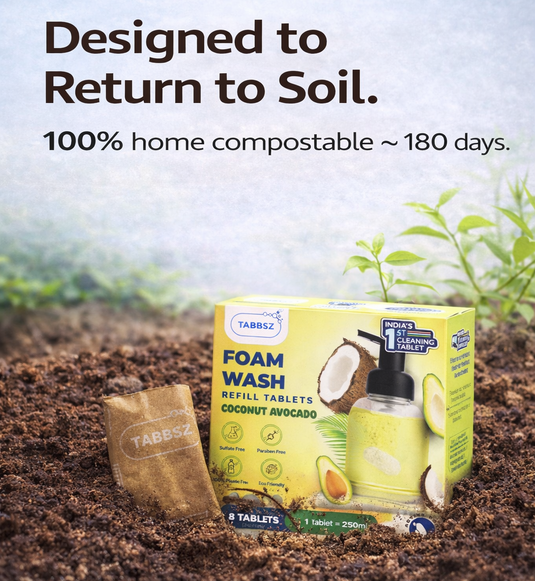 Tabbsz foam refill tablets in home compostable packagingt, plastic-free cleaning solution designed to return to soil. save for the planet and zero waste product