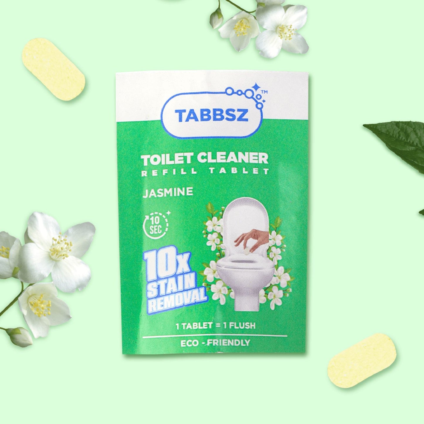 Jasmin fragrance tablet, pack of 8, pack of 16, pack of 32, pack of 64, tabbsz, toilet cleaner, jasmine variant, tablet, plastic free, non toxic, child safe, pet safe, zero waste, refill tablet, cleaning tablets
