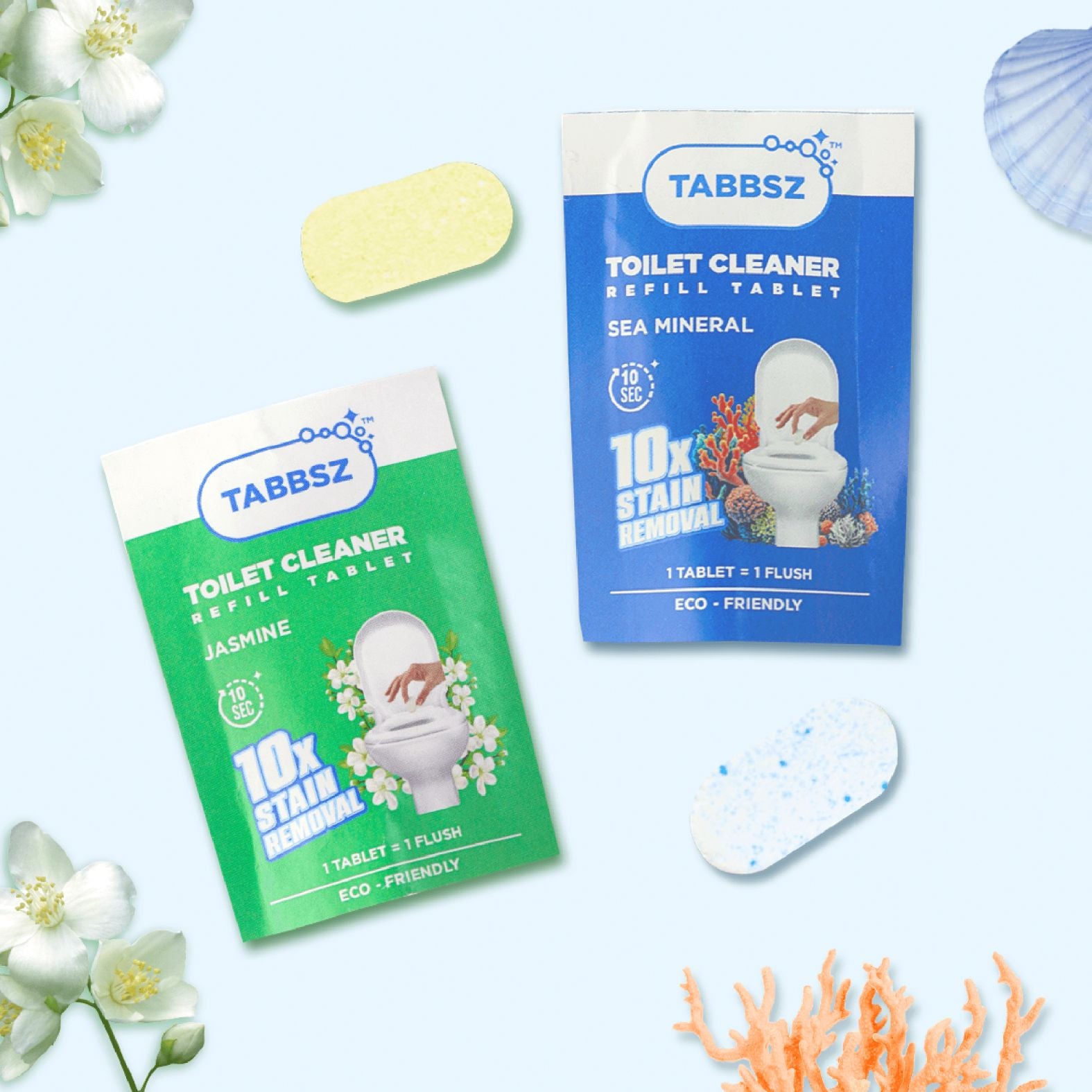 TABBSZ TOILET CLEANER - ASSORTED PACK - Tabbsz store- Assorted Packs / pack of 8 - pack of 16, pack of 32, pack of 64, tabbsz, toilet cleaner, tablet, Jasmin tablets, sea mineral, plastic free, refill pack, nontoxic, child safe, pet safe, zero waste, eco-friendly, India's first cleaning tablet, shipping globally, toilet cleaner which removes yellow stains, toilet cleaner which doesn't remove shine, toilet cleaner polish